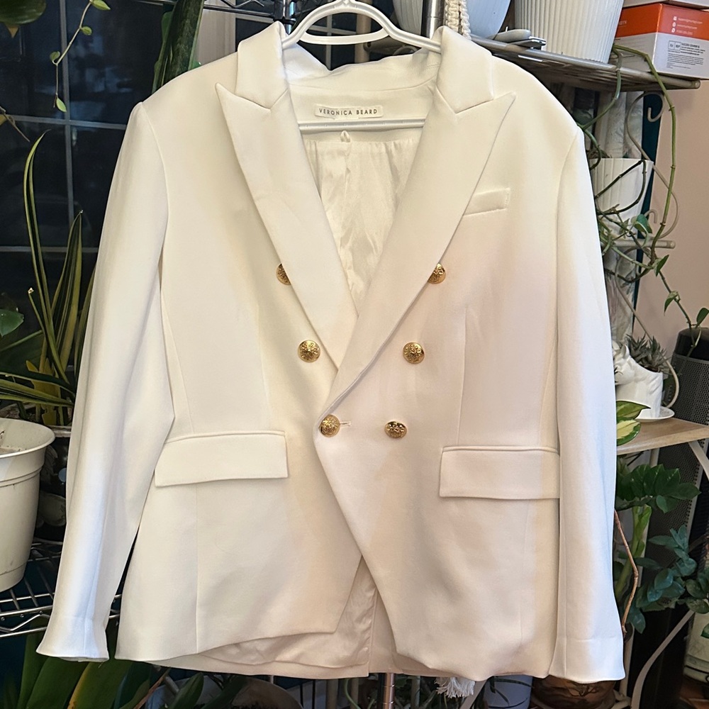 Veronica Beard White Double-Breasted Blazer with Gold Buttons